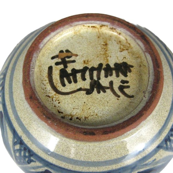 Jewelry Trinket Box Vanity Jar Lidded Signed Hand Painted Terra-cotta Blue 4 in - Picture 5 of 5